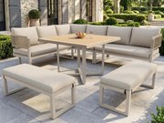 Salon ogrodowy, zestaw mebli na 8-10 osób - kanapa narożna - z żelaza ocynkowanego - stoły jadalniane z tworzywa drewnopodobnego - ławka, Beżowy