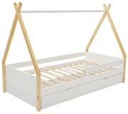 Łóżko tipi 90 x 190 cm z szufladami - Drewno sosnowe i MDF - Biały i naturalny - LUANCO