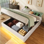 Łóżko tapicerowane ze schowkiem - 140 x 200 cm - z diodami LED + USB + Type-C - bez zagłówka - len + płyta MDF - beżowe