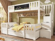 Łóżko piętrowe 90x200cm + 140x200cm - z tablicą kredową - z 1 szufladą i schodkami z miejscem do przechowywania - Drewno lite + MDF - Biały