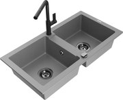 Mexen Mario zlewozmywak granitowy 2-komorowy z baterią kuchenną Flora, szary - 6504-71-670401-70-B