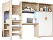 Łóżko piętrowe dla dzieci - 90 x 200 cm - z biurkiem + szafą + schowkiem + oświetleniem LED - MDF + płyta wiórowa - kolor naturalny