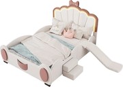 Łóżko dziecięce 140x200 cm - z oświetleniem LED, zjeżdżalnią i drabinką - poliuretan - różowo-biały - materac nie jest wliczony w cenę