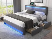 Łóżko podwójne 140x200 cm z ekoskóry z LED - 4 szuflady - z portami ładowania (przewodowym i bezprzewodowym) - Szare