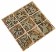 Zestaw drewnianych ozdób świątecznych w pudełku, 36 szt., złoty