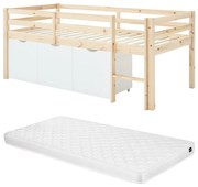 Łóżko podwyższone 90 x 190 cm z miejscem do przechowywania - Sosna i MDF - Kolor: Naturalny i biały + Materac - LANIORI