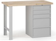 Stół warsztatowy G7, blat bukowy, 1200 x 685 x 840 mm, 1x kontener, 5x szuflada, szary