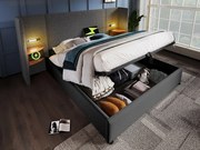 Łóżko 180x200cm z lnu - 2 stoliki nocne z lampką do czytania i funkcją ładowania - z stelażem na listwy - Szary