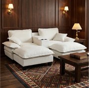 2-osobowa sofa modułowa ze schowkiem, z 2 zdejmowanymi podnóżkami, uchwytami na kubki i portami USB, beżowa