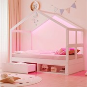 Łóżko drewniane dla dzieci - 90 x 190 cm - z szufladami + mała szafka na buty + diody LED - w kształcie domku - białe