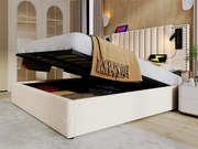 Łóżko z pojemnikiem 140x200cm z tkaniny bawełnianej - z lampkami do czytania i portami ładowania USB - z stelażem na listwach - Beżowe