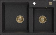 Mexen Tomas zlewozmywak granitowy 2-komorowy 800 x 500 mm, czarny/srebrny metalik, syfon złoty - 6516802000-73-G