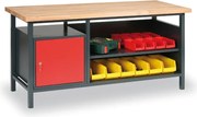 Warsztatowy stół roboczy GD, bukowa deska warstwowa, 1 szafka, 1 półka, 1700 x 685 x 850 mm, grafitowy / czerwony