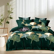 Pościel 160x200 z mikrofibry złote liście butelkowa zieleń nowoczesna