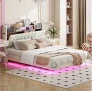 Łóżko tapicerowane 140 x 200 cm z zagłówkiem ze schowkiem - Oświetlenie LED i port USB - Tkanina lniana - Beż