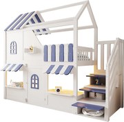 Łóżko piętrowe dla dzieci - 90 x 200 cm - domek z okienkami + drabinka + diody LED + półki - drewno - biały + niebieski