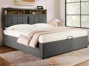 Łóżko tapicerowane 140x200 cm z lnu - regulowane wezgłowie z gniazdami - z stelażem na listwy - Szare