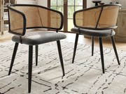 Komplet 2 krzeseł - Oparcie z rattanu i siedzisko z aksamitu - metalowe nogi - Czarny+Naturalny