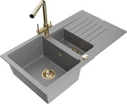 Mexen Matias zlewozmywak granitowy 1,5-komorowy z ociekaczem i baterią kuchenną Duero, szary - 6502-71-671600-50