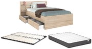 Łóżko 120 x 190 cm ze skrzynią - Kolor: Naturalny + Stelaż + Materac - TENALIA