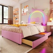 Łóżko tapicerowane 90 x 200 cm z zagłówkiem w kształcie jednorożca i 2 szufladami - LED - Skóra ekologiczna - Różowe (materac nie jest wliczony w cenę)