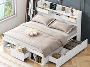 Łóżko dla dorosłych 135x190 cm - z portem ładowania i wielofunkcyjnymi przechowalniami - Biały​ (materac nie jest wliczony w cenę)