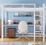 Łóżko piętrowe 90 x 200 cm z biurkiem i półkami - Metal + MDF - Biały + naturalny (bez materaca)