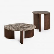 Zestaw 2 Okrągłych Stolików Kawowych Z Naturalnego Kamienia I Drewna Mango Lavinia Brązowy Marmur & Ciemne Drewno - Sklum