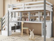 Łóżko antresolowe 90x200 cm - z biurkiem i półkami - bezpieczna drabinka 4-stopniowa - Drewno lite+MDF - Biały + Szary (bez materaca)