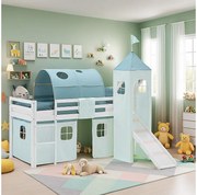 Łóżko piętrowe dla dzieci 90x200 cm białe z miętową zasłoną