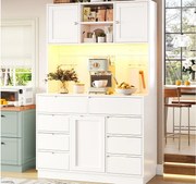 Mebel kuchenny - 120x40x183 cm - 2 drzwi i 8 szuflad - wieszak na kieliszki do wina - z oświetleniem LED i gniazdkiem elektrycznym - Biały