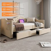Łóżko tapicerowane 90 x 200 cm z ładowaniem USB typu C i 2 szufladami, Sofa rozkładana - Aksamit - Beż