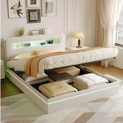 Łóżko 160x200 cm z beżowego aksamitu ze zintegrowanymi diodami LED, zagłówkiem z miejscem do przechowywania i systemem hydraulicznym