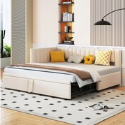 Łóżko wysuwane 90/180 x 200 cm w kształcie litery L, Sofa rozkładana - Aksamit - Stelaż z listew - Beżowy (bez materaca)