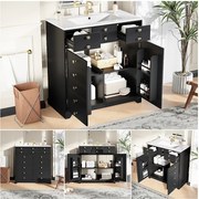 Szafka łazienkowa z umywalką ceramiczną - 91,5 x 47 x 86,5 cm - z szufladami + 2 drzwi - MDF - czarna