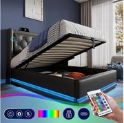 Łóżko ze schowkiem 90x200 cm - czarny PU - łóżko dziecięce z oświetleniem LED i ładowaniem USB - bez materaca