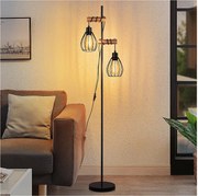 NETTLIFE lampa podłogowa do salonu, czarna, lampa podłogowa: industrialna, metalowa, drewniana, lampa podłogowa E27, 2-punktowa, z kloszem klatkowym, 152 cm