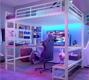 Łóżko na antresoli 140x200cm - z biurkiem + barierką - z portami USB + Typ-C - z listwą LED - biały