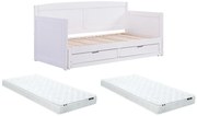 Łóżko wysuwane dzienne 90 x 190 lub 180 x 190 cm - Z rozsuwanym stelażem i szufladami - Drewno sosnowe i MDF - Biały + Materac - DINIVA