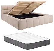 Łóżko ze skrzynią 200 x 200 cm - Tkanina - Beżowy + Materac - FORVIK Pascala Morabito