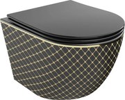 Mexen Lena miska wc Rimless z deską wolnoopadającą slim, duroplast, czarna mat/złota wzór kratka - 30224079
