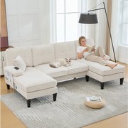 Nowoczesny narożnik 4-osobowy w kształcie litery U z 2 szezlongami - 250 x 130 x 88 cm - z wypełnieniem i oparciem - welur - beżowy