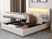 Łóżko z tapicerowanym zagłówkiem z ekoskóry z LED - 140x200cm - z stelażem na listwy - Białe