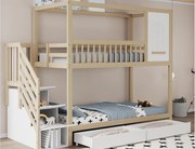 Łóżko piętrowe 90x200cm z litego drewna - 2 szuflady i schody do przechowywania - Naturalne i Białe