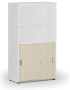 Szafa biurowa kombinowana PRIMO WHITE, drzwi przesuwne na 2 poziomach, 800 x 420 x 1434 mm, biały/brzoza