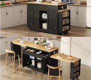 Centralna wyspa kuchenna - 2 stoły rozsuwane - z 2 gniazdkami elektrycznymi i 2 portami USB - duże miejsce do przechowywania - Naturalny + Czarny