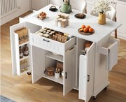 Mobilna wyspa kuchenna - rozkładany blat - z wieszakiem na ręczniki - z 1 szufladą i 4 frontami - MDF - Biały