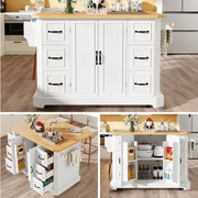 Mobilna wyspa kuchenna ze składanym stołem - 120 x 45/75 cm x 91 cm - z 2 drzwiami + 6 szufladami - MDF - biała