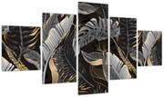 Obraz - Tropikalne liście w kolorze czarno - złotym (125x70 cm)