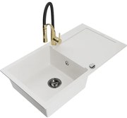 Mexen Leo zlewozmywak granitowy 1-komorowy z ociekaczem i baterią kuchenną Aster, biały - 6501-20-73450-57-B